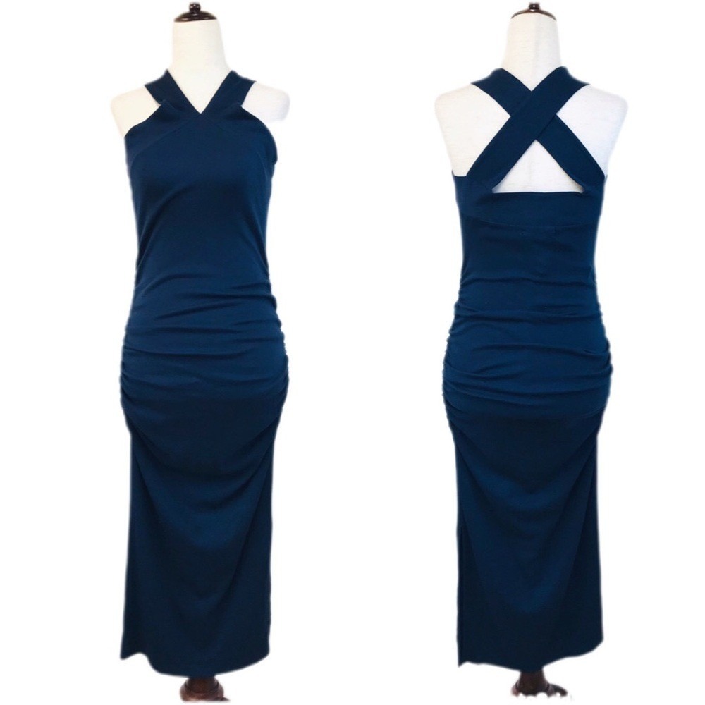 MICHAEL STARS Opaline Midi Dress Medium Navy Blue Bodycon Halter Ruched Ribbed - Picture 2 of 10